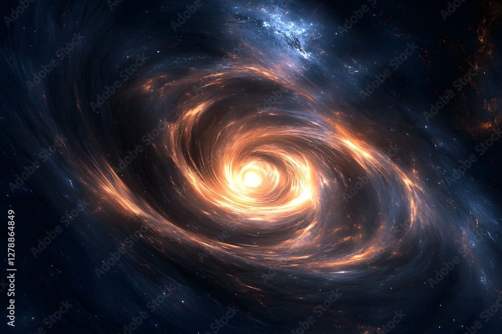 Mysterious Galaxy Formation Illustration with Glowing Vortex and Swirling Clouds Mysterious Galaxy Formation Illustration with Glowing Vortex and Swirling Clouds