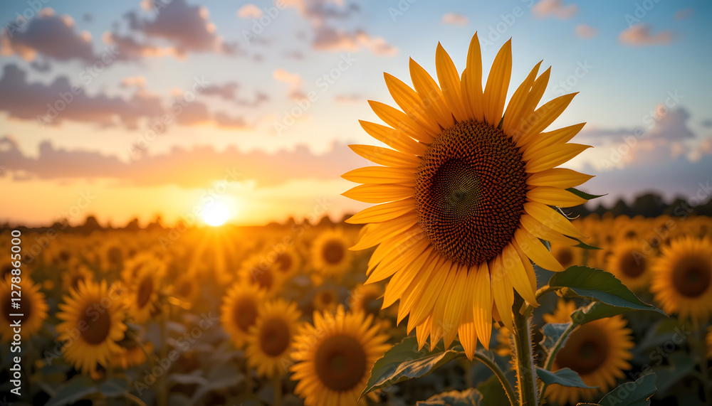 Fototapeta premium Sunflower Blooming in Sunlit Field - Evening Sunlight - Tranquil Nature Photography