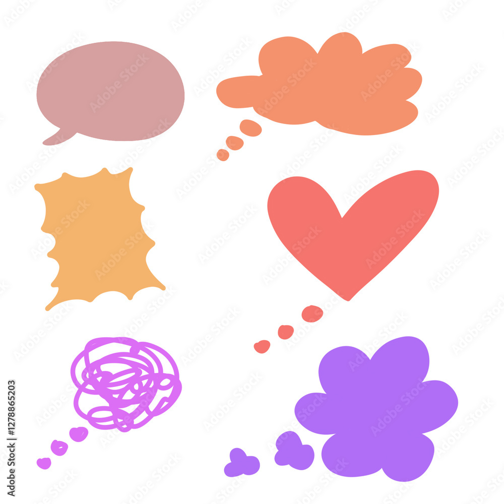 Set of comic speech bubbles with various designs and symbols for communication, including heart, cloud, and thought elements. Set of comic speech bubbles with various designs and symbols for communication, including heart, cloud, and thought elements.