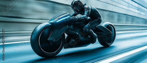 An ultra-modern motorbike surges forward, leaving streaks of light in its wake, capturing the raw energy and sleek design of future transport.