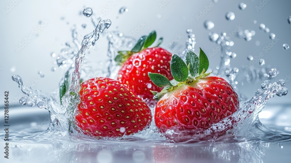 Fresh strawberries levitating with dynamic water splashes surrounding them, set against a light grey background, isolated with copy space. Fresh strawberries levitating with dynamic water splashes surrounding them, set against a light grey background, isolated with copy space.