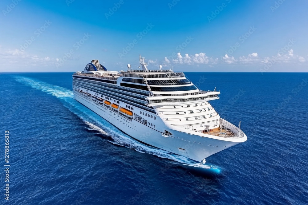 Aerial view of a generic cruise ship traveling with speed over blue ocean with copy space Aerial view of a generic cruise ship traveling with speed over blue ocean with copy space