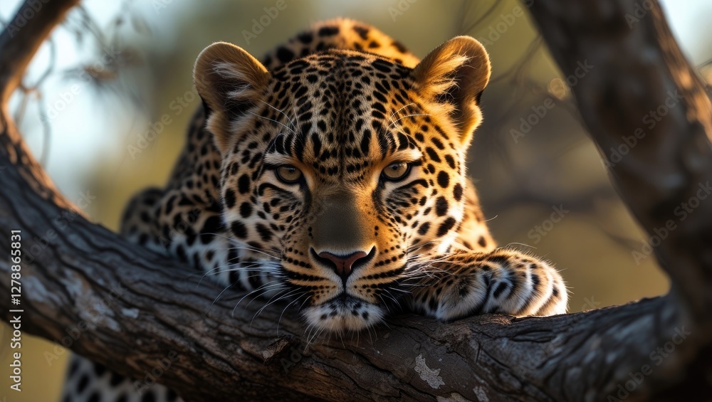 Naklejka premium Leopard Resting on Tree Branch in Golden Light