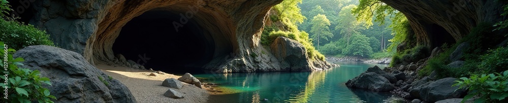 Secluded cave nestled between rugged mountains and trees, seclusion, hideaway, isolation Secluded cave nestled between rugged mountains and trees, seclusion, hideaway, isolation