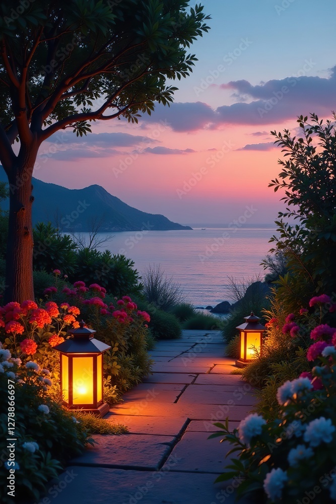 Seaside garden at dusk with a warm orange light, lanterns, plants, flowers Seaside garden at dusk with a warm orange light, lanterns, plants, flowers