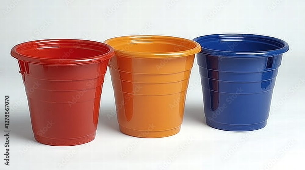 Three simple yet practical plastic cups lined up for everyday use and convenience Three simple yet practical plastic cups lined up for everyday use and convenience