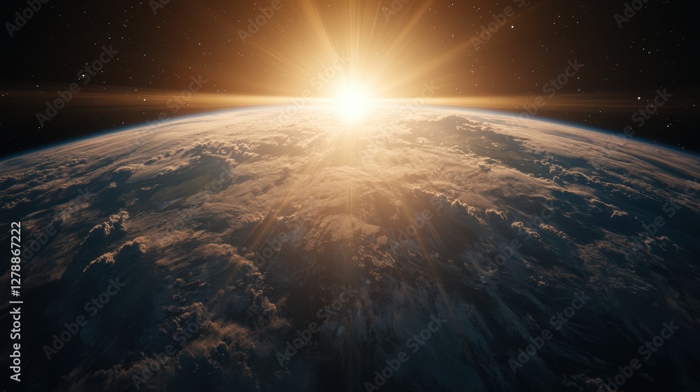 A stunning view of Earth from space, showcasing the horizon illuminated by a glowing sunrise, surrounded by clouds and distant stars. A stunning view of Earth from space, showcasing the horizon illuminated by a glowing sunrise, surrounded by clouds and distant stars.