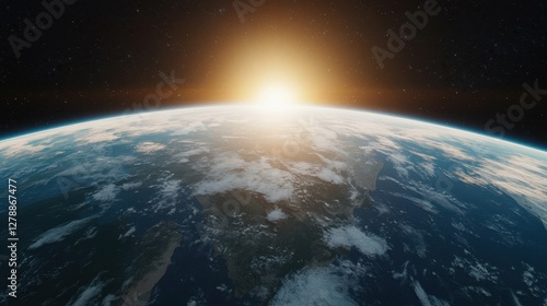 A breathtaking view of Earth from space, showcasing the curvature of the planet with a vivid sunrise illuminating the horizon.