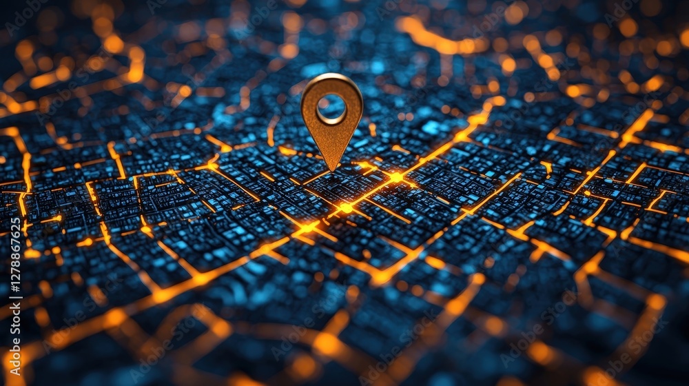 Golden Location Pin Over Abstract City Map at Night With Glowing Lines and Dark Background Golden Location Pin Over Abstract City Map at Night With Glowing Lines and Dark Background