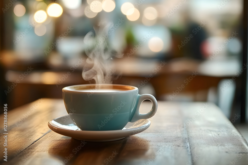 Steaming coffee cup on wooden table in cozy cafe Steaming coffee cup on wooden table in cozy cafe