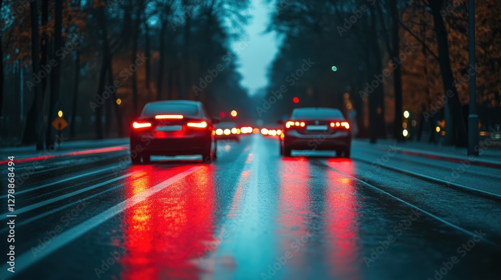 Fototapeta premium Nighttime scene of cars navigating a wet street, illuminated by vibrant red lights reflecting on the pavement.