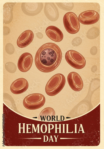 World hemophilia day poster design featuring red blood cells and medical theme