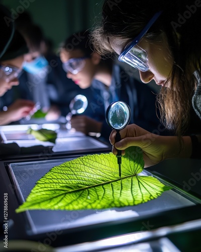 A biology class dissecting a plant leaf under magnifying glasses photo