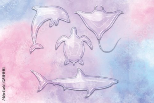 Glass Effect Marine Animals Vector – Transparent Dolphin, Shark, Turtle, and Ray Illustration