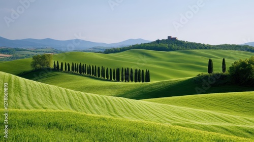 Aerial view showcasing lush green rolling hills adorned with trees, featuring a majestic castle nestled in the scenic landscape.