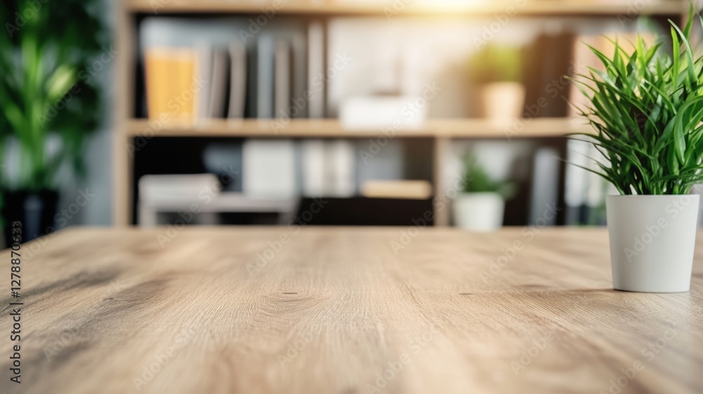 Modern office with light wooden table and blurred desk background filled with books and plants
Modern office with light wooden table and blurred desk background filled with books and plants