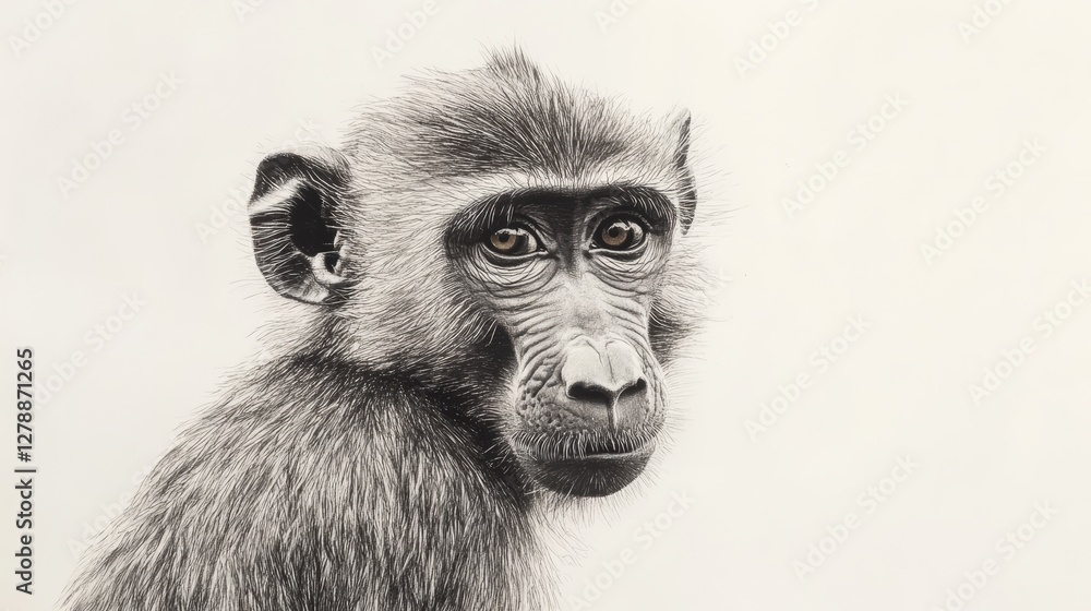 Baboon Portrait In Detailed Black And White Pencil Drawing. Wildlife Art Illustration. Baboon Portrait In Detailed Black And White Pencil Drawing. Wildlife Art Illustration.