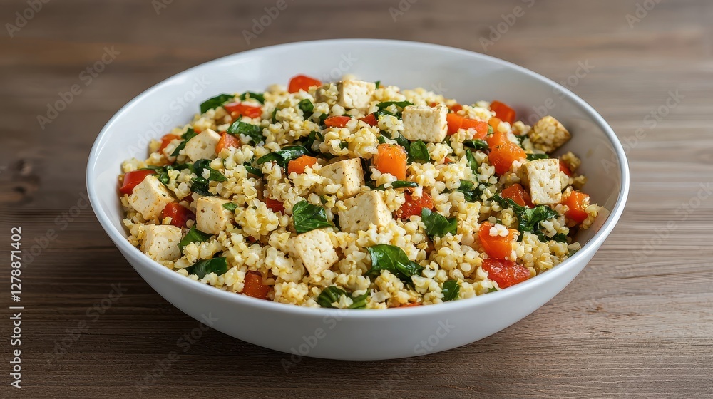 plant based dishes organic low calorie concept. A vibrant bowl of couscous mixed with colorful vegetables and tofu, showcasing a healthy and delicious meal option. plant based dishes organic low calorie concept. A vibrant bowl of couscous mixed with colorful vegetables and tofu, showcasing a healthy and delicious meal option.