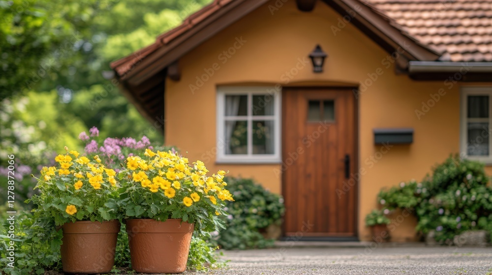 Naklejka premium Two vibrant flower pots are positioned in front of a charming house, enhancing the outdoor decor and creating a welcoming atmosphere.