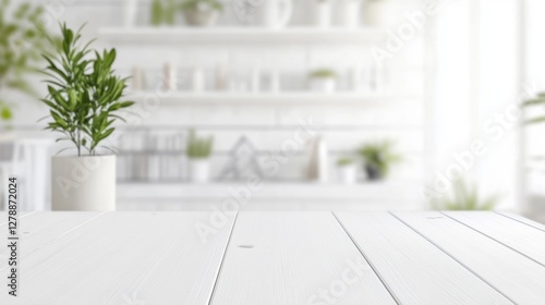 Bright white wooden table with soft lighting and blurred modern dining area background
