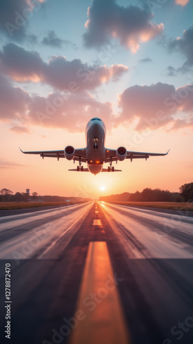 plane taking off at sunset, with vibrant clouds and runway details
