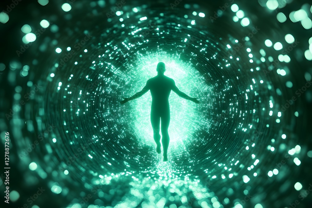 Person Silhouette Emerging From Glowing Digital Tunnel with Outstretched Arms Person Silhouette Emerging From Glowing Digital Tunnel with Outstretched Arms
