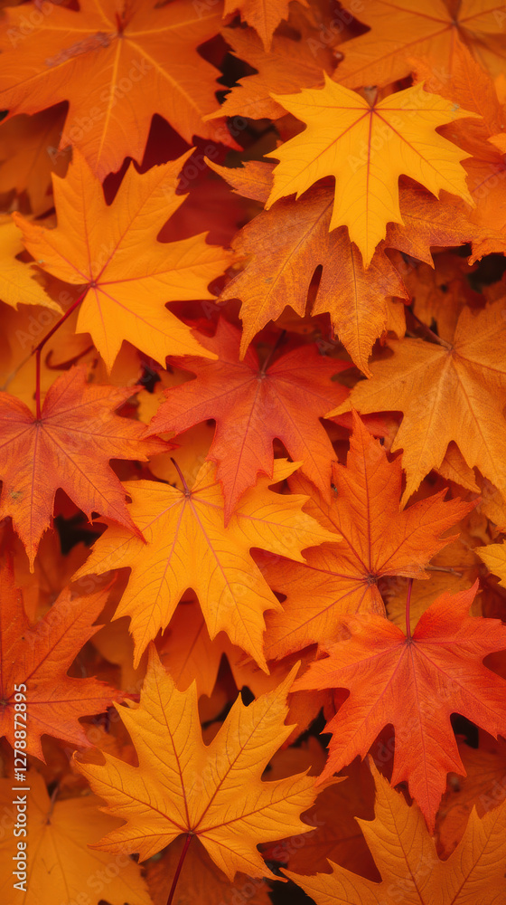 Vibrant autumn leaves in shades of orange and yellow create warm scene Vibrant autumn leaves in shades of orange and yellow create warm scene