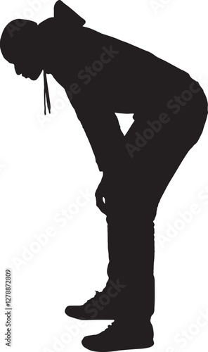 vector; silhouette; side view of african man crouching looking at the ground