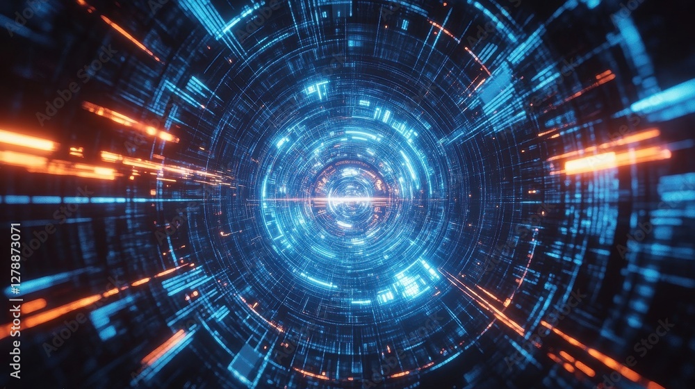 Fototapeta premium Abstract Digital Tunnel With Glowing Blue And Orange Lines
