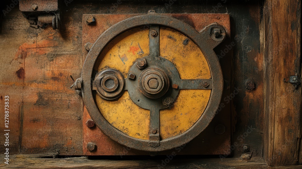 A large metal door features a distinctive yellow and brown handle, emphasizing its sturdy design and unique color combination. A large metal door features a distinctive yellow and brown handle, emphasizing its sturdy design and unique color combination.