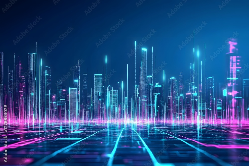 Fototapeta premium Futuristic Cityscape with Neon Lights and Digital Grid Reflection