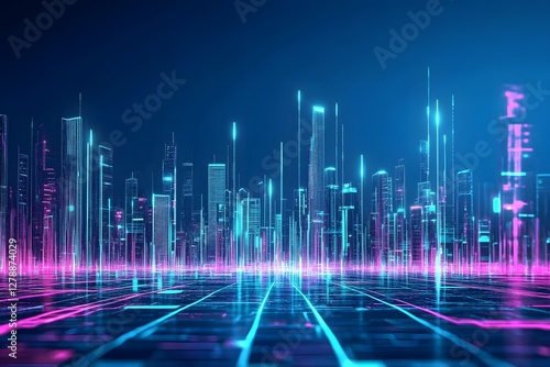 Futuristic Cityscape with Neon Lights and Digital Grid Reflection