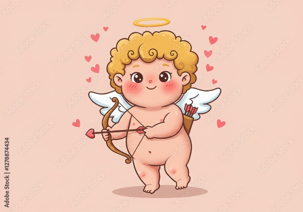 Obraz premium Cute cartoon cupid, baby angel, chubby cherub, curly blonde hair, pink skin, rosy cheeks, smiling face, small wings, golden