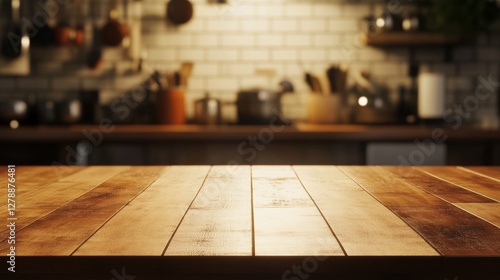 Clean wooden table illuminated by bright light with blurred modern kitchen background featuring utensils
