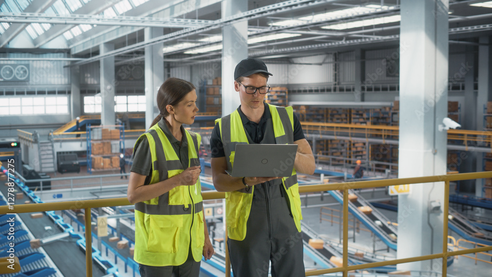 © Gorodenkoff - Sortation Fullfilment Center: Supervisor and Manager Talk, use Laptop. Logistics and Transportation Warehouse Facility with Conveyor Belt Loading Cardboard Boxes with Goods for Delivery to Customers