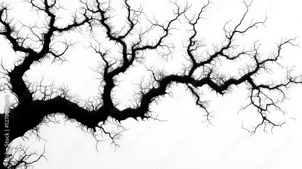 Black Silhouette of a Twisted Tree Branch Against a Soft White Background Black Silhouette of a Twisted Tree Branch Against a Soft White Background