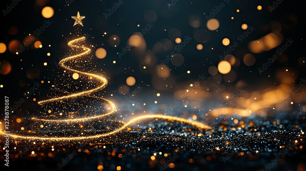 Naklejka premium Luminous festive motifs, a minimalist dark background, a Christmas tree with swirling golden sparkles, a sleek and opulent holiday design, and exquisite simplicity