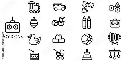 Toy simple concept 16 icons set. Contain such robot, bike, game controller, ball, puzzle, teddy bear, doll, toy train and more .Vector illustration.