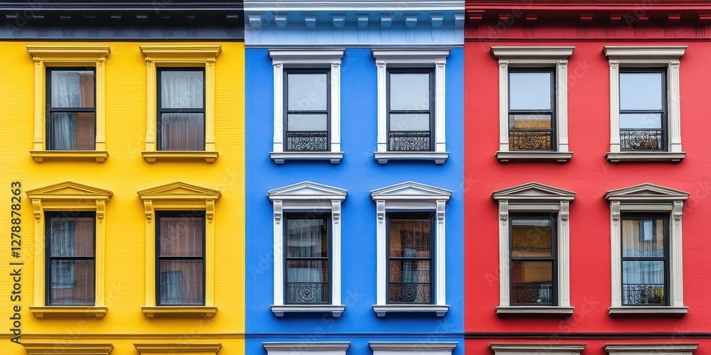 Obraz premium A vibrant multicolored building features a row of stylish arched windows, showcasing a unique architectural design that captures attention.