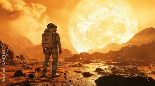 An astronaut stands on a rocky terrain with a giant glowing red planet looming in the motion background. photo