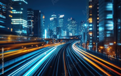 Aerial view of a vibrant city illuminated at night, showcasing train tracks weaving through urban landscapes and glowing buildings.