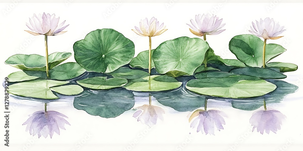 Fototapeta premium Water Lily Pond Watercolor, Calm Tranquil Scene