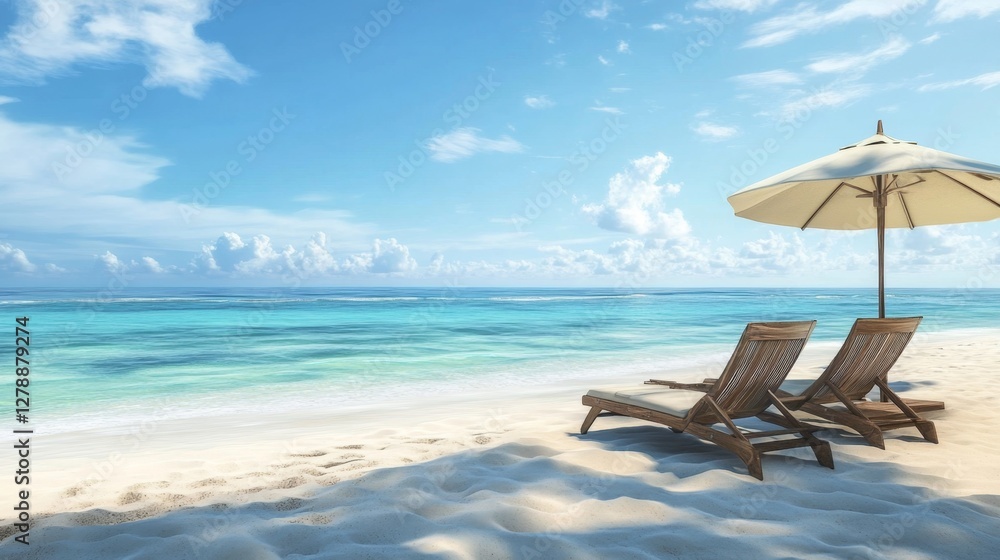 Relaxing beach day with lounge chairs beautiful coastline outdoor scene sunny environment tranquil view vacation vibes Relaxing beach day with lounge chairs beautiful coastline outdoor scene sunny environment tranquil view vacation vibes