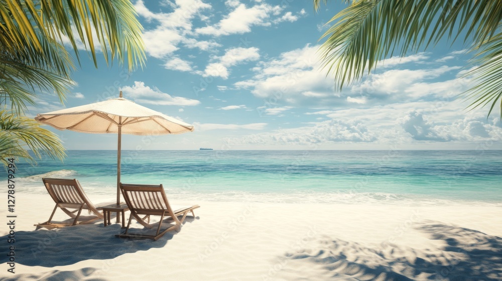 Relaxing on the beach lounge chairs under the sun sandy shore beach scene tranquil environment coastal perspective Relaxing on the beach lounge chairs under the sun sandy shore beach scene tranquil environment coastal perspective