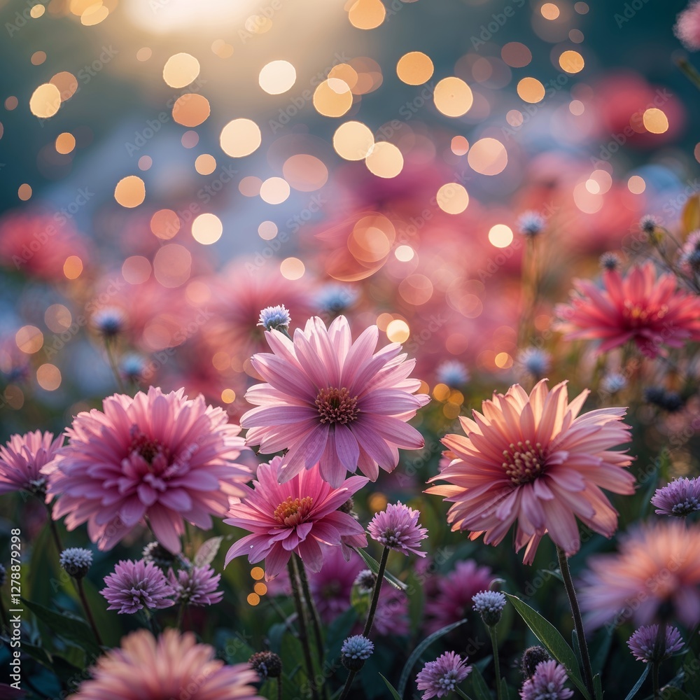 Pink Daisy Flower Field at Golden Hour with Bokeh Light Effect Nature Scenery Pink Daisy Flower Field at Golden Hour with Bokeh Light Effect Nature Scenery