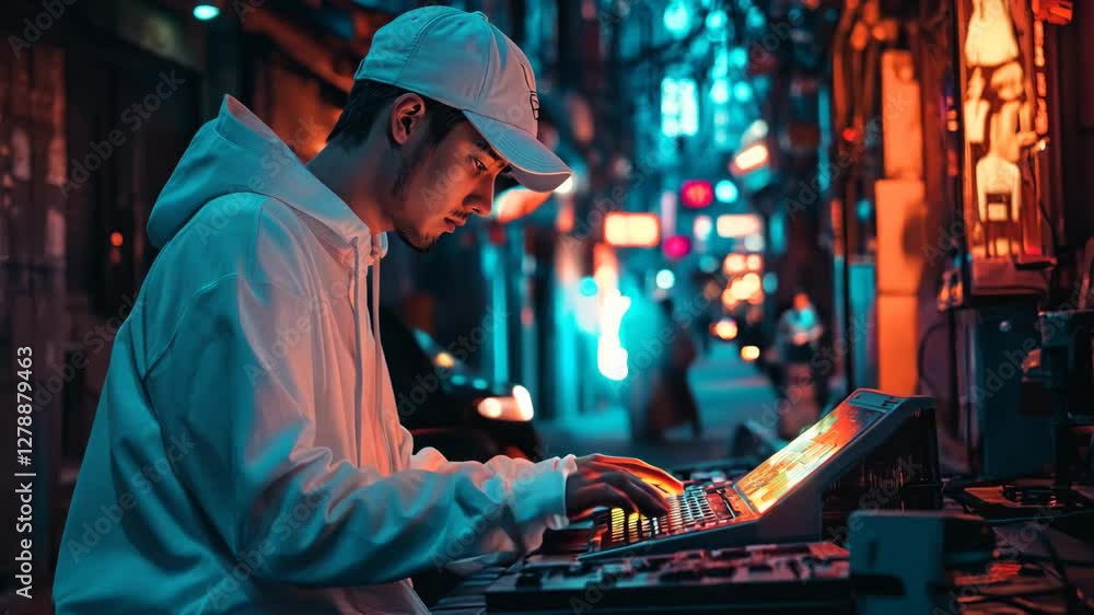 A music producer performing live in an urban cyberpunk setting, mixing beats on a futuristic DJ setup A music producer performing live in an urban cyberpunk setting, mixing beats on a futuristic DJ setup