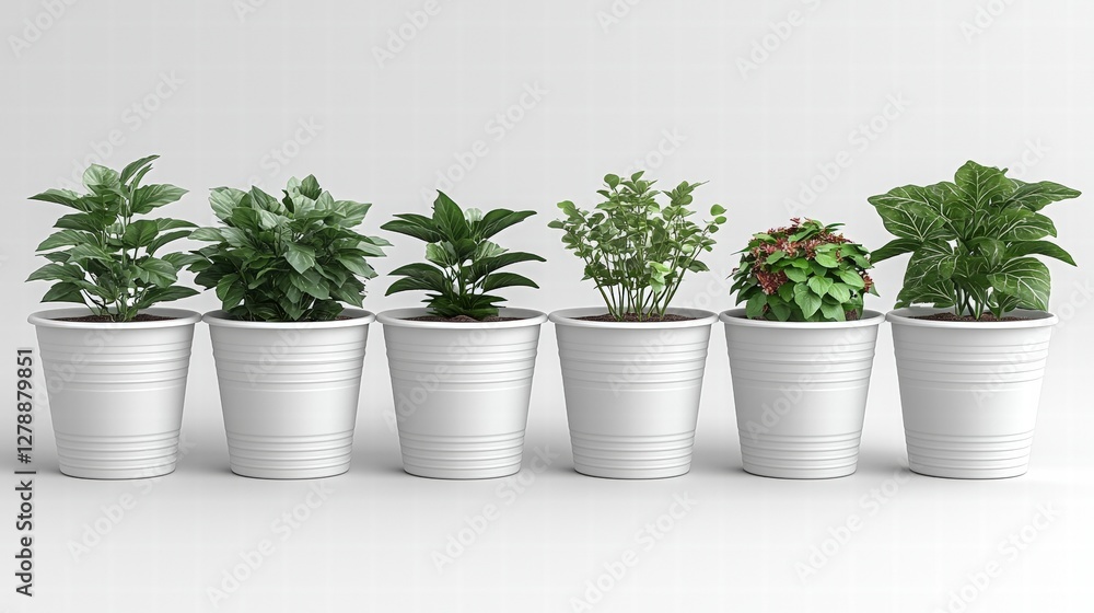Fototapeta premium A row of colorful potted plants displayed on a shelving unit in a bright environment