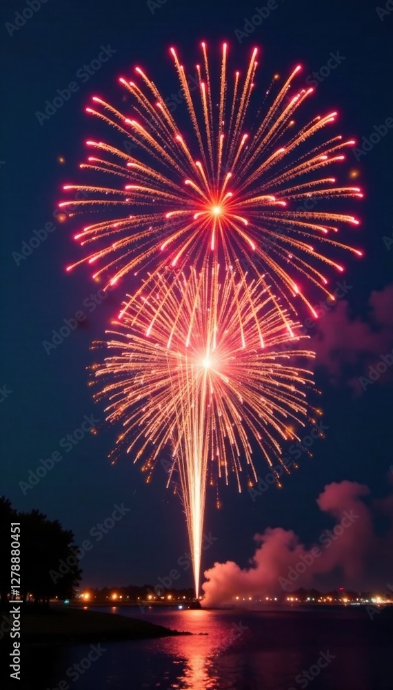 Fireworks bursting into a spiral shape, filling the evening sky with shimmering lights, sparklers, evening sky Fireworks bursting into a spiral shape, filling the evening sky with shimmering lights, sparklers, evening sky