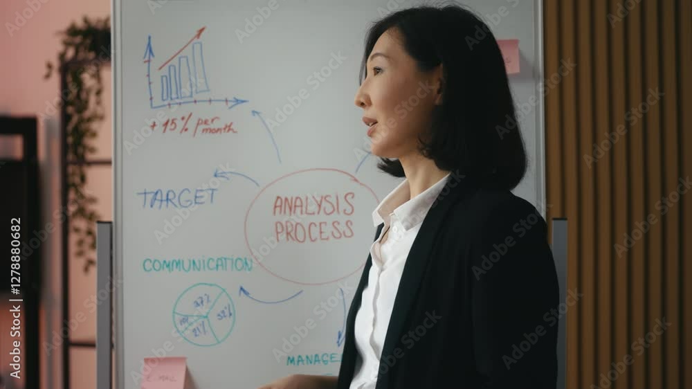 Asian businesswoman pitches ideas to investors near a whiteboard at a meeting