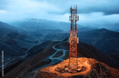A tall red and white telecommunications tower stands on a rugged mountain peak with winding paths, set against a backdrop of vast mountain ranges under a cloudy sky.